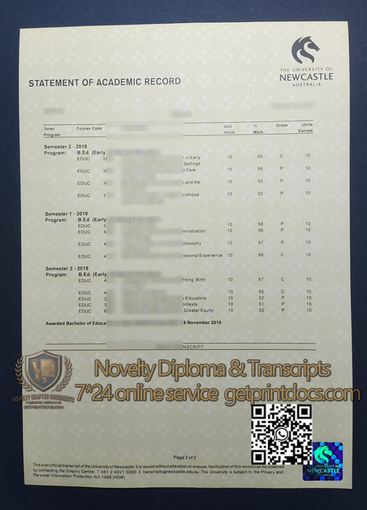 UON University of Newcastle transcript B