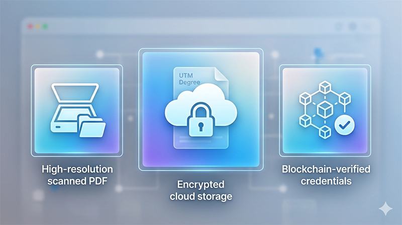 A modern diagram illustrating the different types of digital backups (PDF, Cloud, and Blockchain verification)