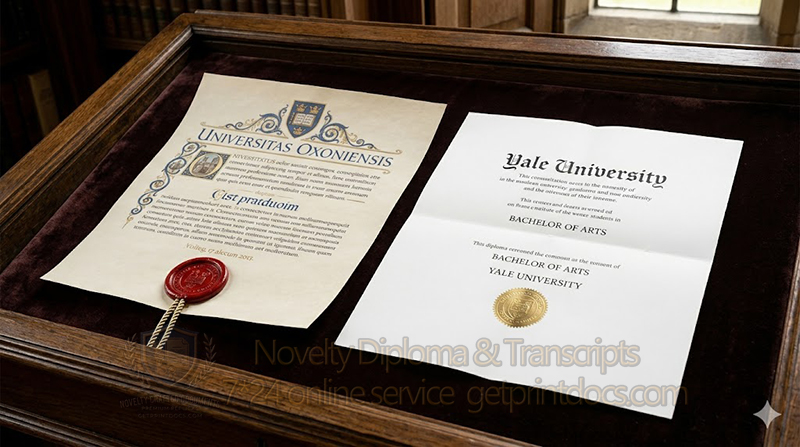 A side-by-side comparison between a Latin diploma and an English diploma