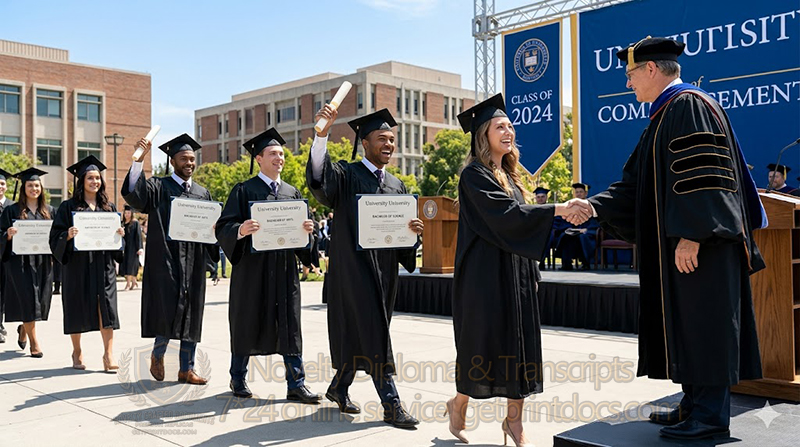 An American university graduation ceremony with students holding English diplomas