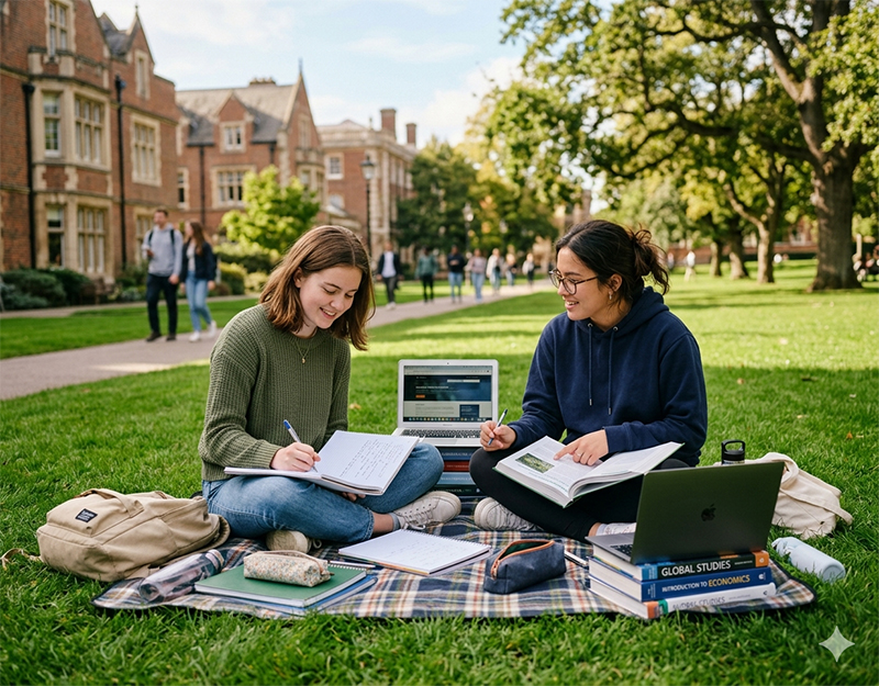 Two students were studying on the grass.